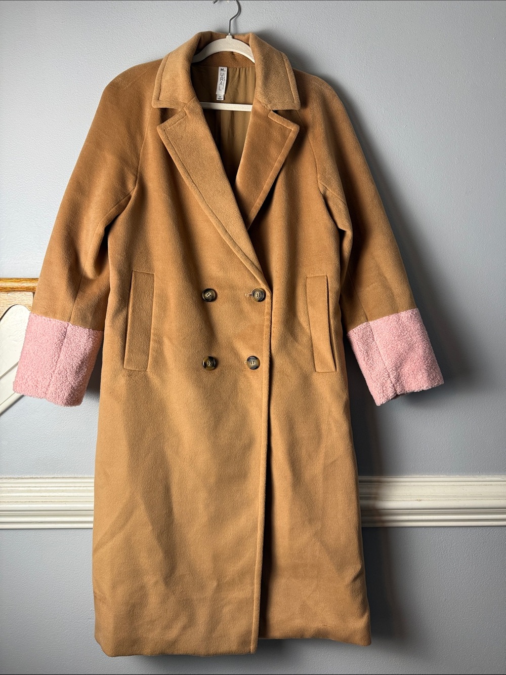 Mural Camel Trench Coat with Pink Cuff Accents